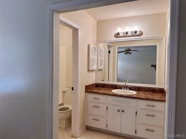 bathroom featuring ceiling fan, vanity, and toilet