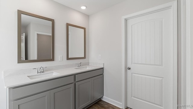 bathroom featuring vanity and wood-type flooring