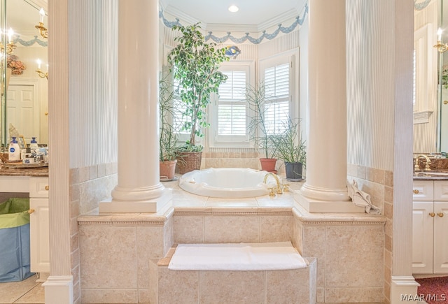 bathroom featuring decorative columns, vanity, ornamental molding, tile flooring, and a relaxing tiled bath