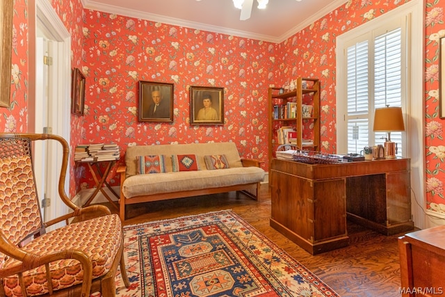 interior space with hardwood / wood-style floors and crown molding