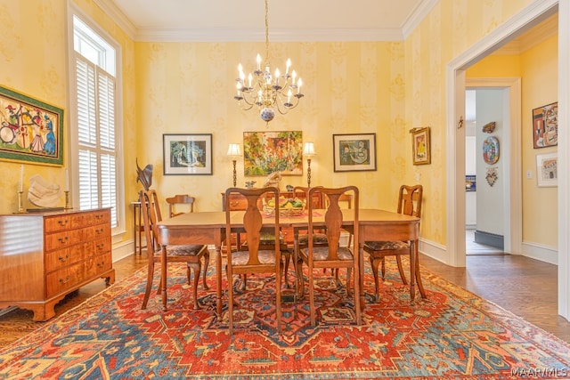 dining area with dark hardwood / wood-style flooring, crown molding, and an inviting chandelier