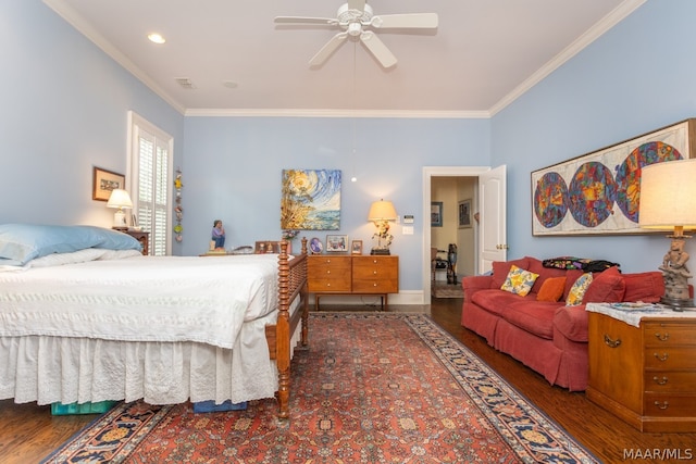 bedroom with crown molding, ceiling fan, and hardwood / wood-style floors