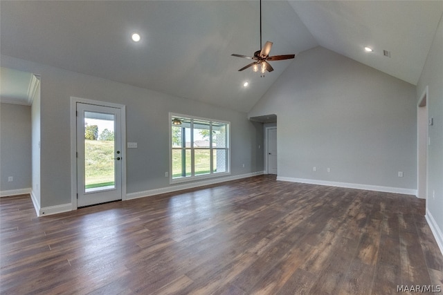 unfurnished living room featuring ceiling fan, dark hardwood / wood-style flooring, and high vaulted ceiling