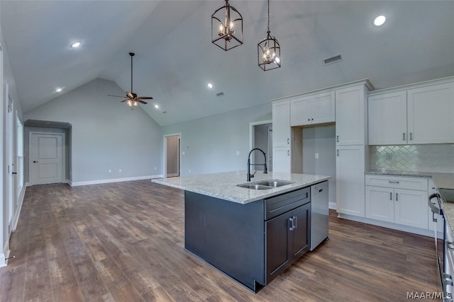 kitchen featuring an island with sink, backsplash, white cabinets, ceiling fan, and sink