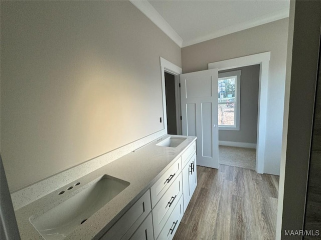 bathroom with ornamental molding, wood-type flooring, and vanity