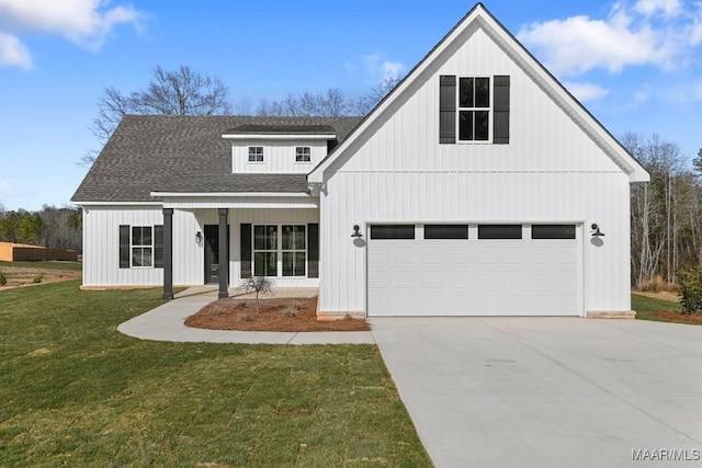 modern farmhouse with a garage, covered porch, and a front lawn