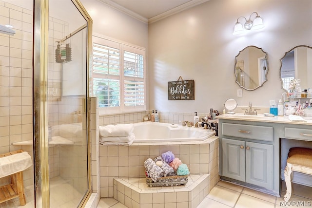 bathroom featuring tile patterned flooring, vanity, ornamental molding, and plus walk in shower