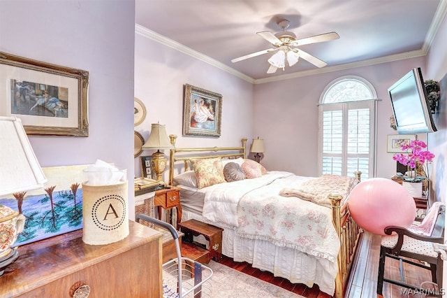 bedroom featuring wood-type flooring, ceiling fan, and crown molding