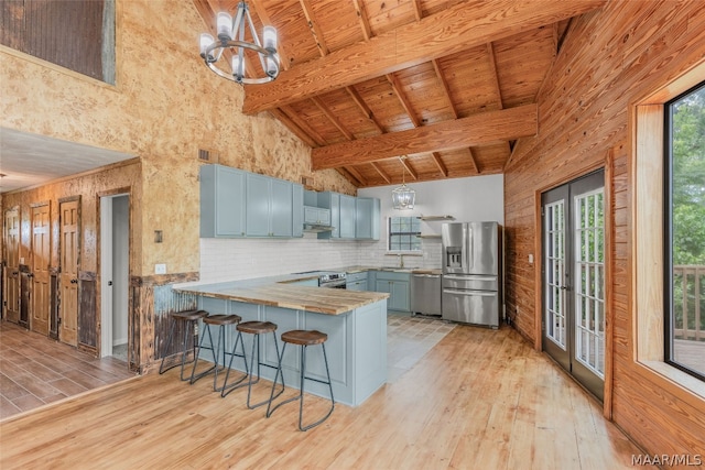 kitchen featuring plenty of natural light, backsplash, stainless steel appliances, and light hardwood / wood-style floors