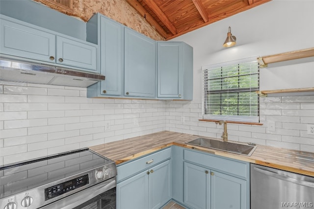 kitchen featuring backsplash, sink, appliances with stainless steel finishes, and butcher block countertops