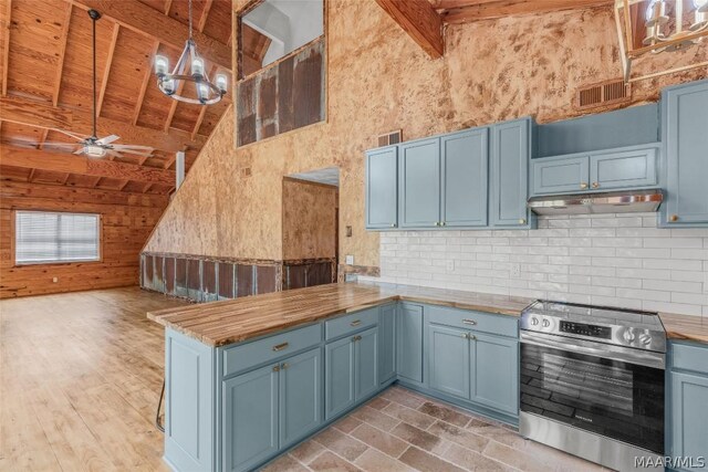 kitchen with electric range, ceiling fan with notable chandelier, high vaulted ceiling, and beam ceiling