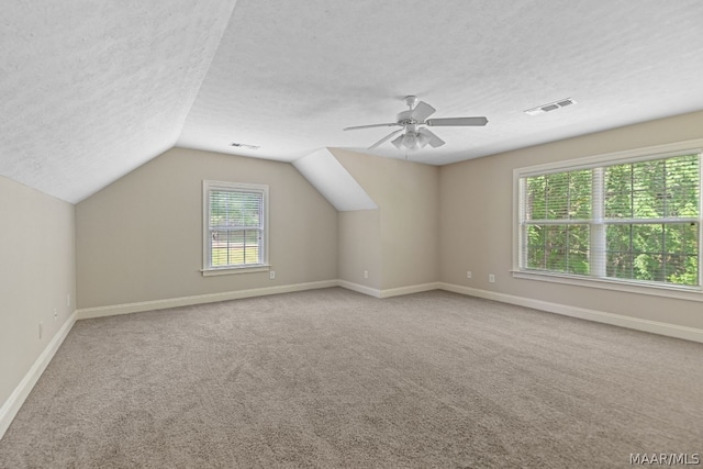 additional living space with carpet, ceiling fan, lofted ceiling, and a textured ceiling