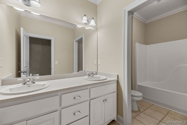 full bathroom with tile patterned floors, vanity, toilet, and crown molding