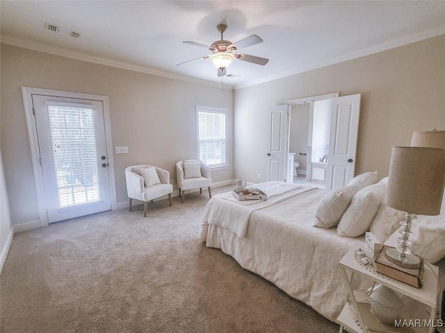 carpeted bedroom featuring ceiling fan, access to exterior, and ornamental molding