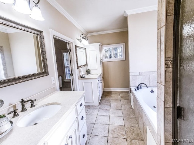 bathroom with crown molding, tile patterned flooring, vanity, and a relaxing tiled tub