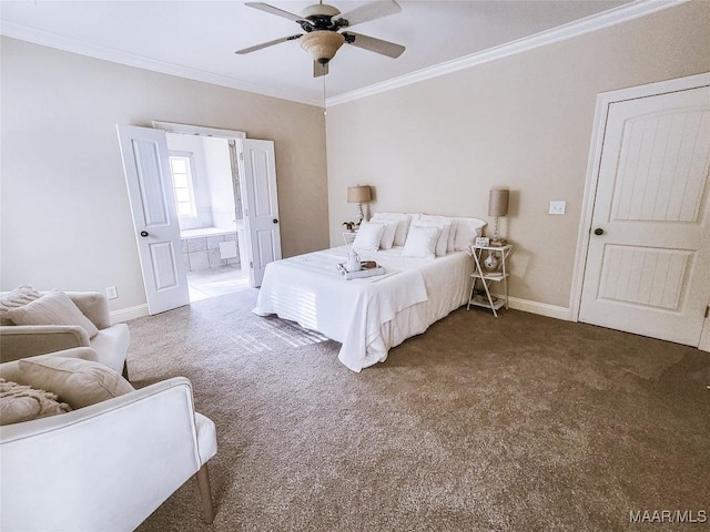 carpeted bedroom with ceiling fan, ensuite bathroom, and crown molding