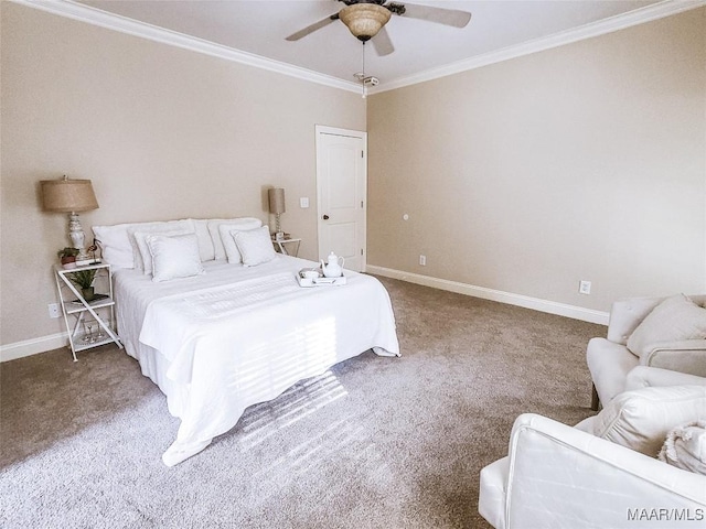 bedroom with carpet, ceiling fan, and ornamental molding