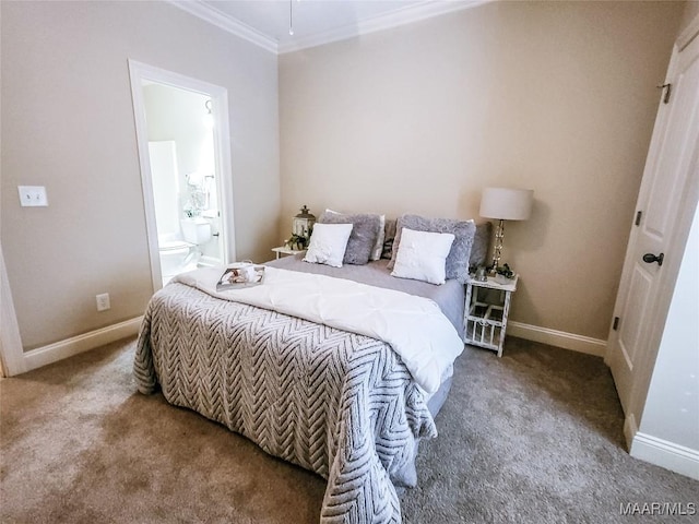 carpeted bedroom with ensuite bathroom and crown molding