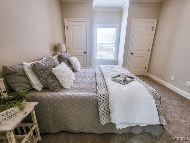 carpeted bedroom with crown molding