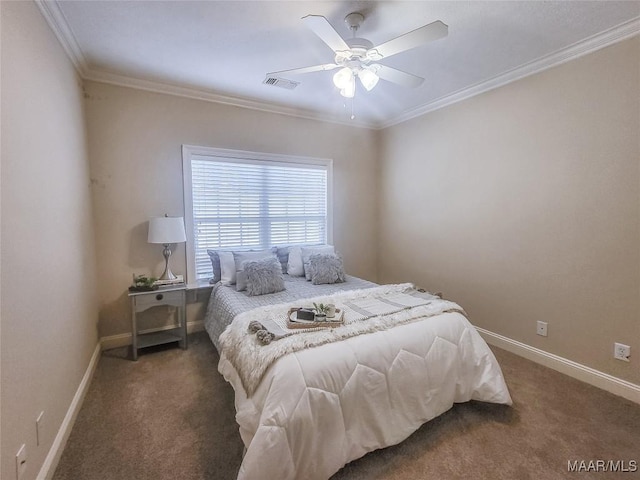 carpeted bedroom with ceiling fan and crown molding