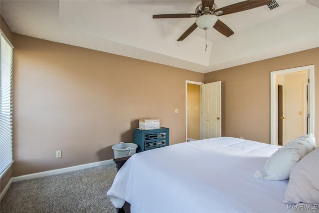 bedroom with ceiling fan, carpet flooring, baseboards, and visible vents