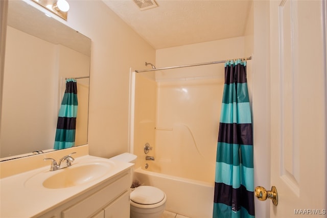 full bathroom with a textured ceiling, shower / bathtub combination with curtain, tile patterned floors, vanity, and toilet