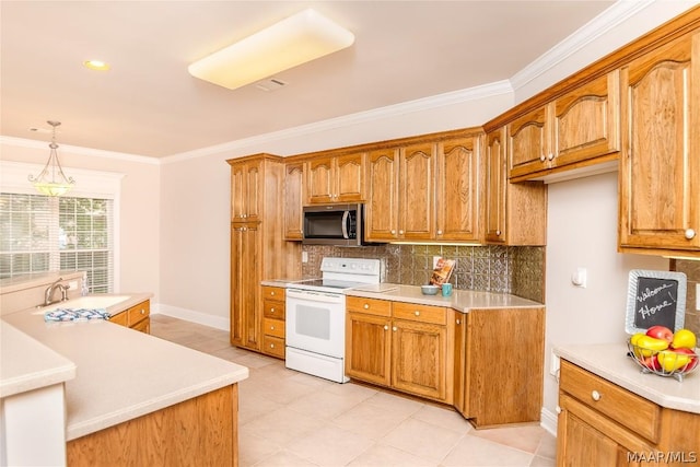 kitchen featuring decorative backsplash, crown molding, white electric stove, and hanging light fixtures