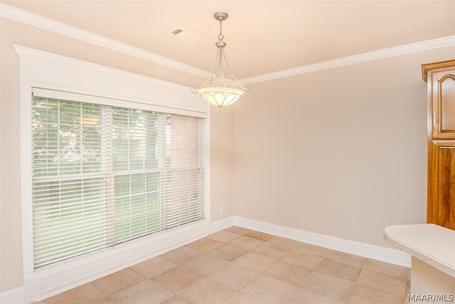 unfurnished dining area with light tile patterned floors and crown molding