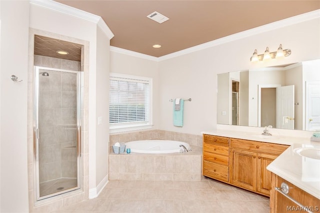 bathroom featuring tile patterned floors, vanity, plus walk in shower, and ornamental molding