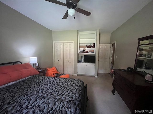 bedroom featuring a closet, light carpet, and ceiling fan