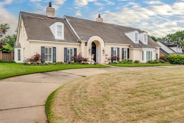 view of front of house featuring a shingled roof, a chimney, and a front yard