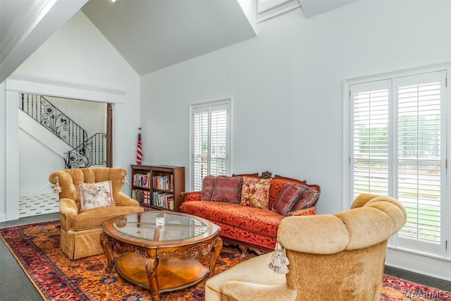 living room featuring a healthy amount of sunlight, high vaulted ceiling, and wood-type flooring