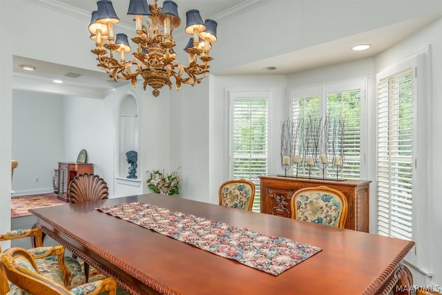 dining space featuring crown molding, visible vents, a notable chandelier, and recessed lighting