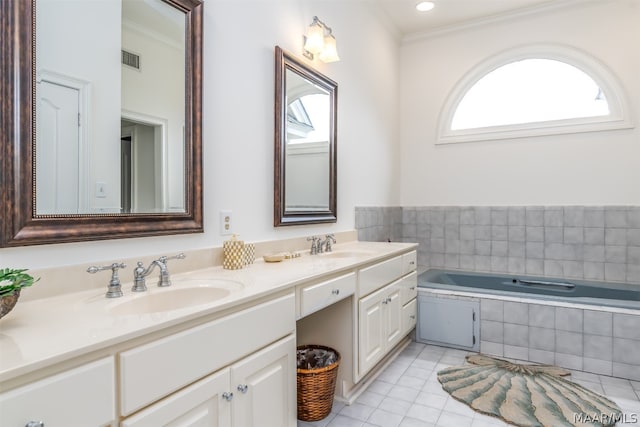 bathroom with tile floors, ornamental molding, a relaxing tiled bath, and dual bowl vanity