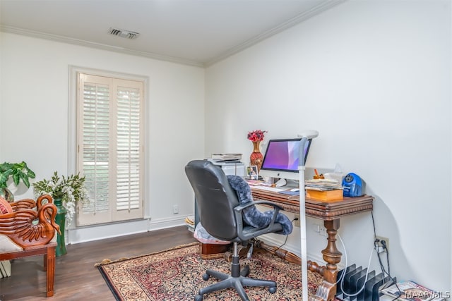 office with dark hardwood / wood-style floors and crown molding