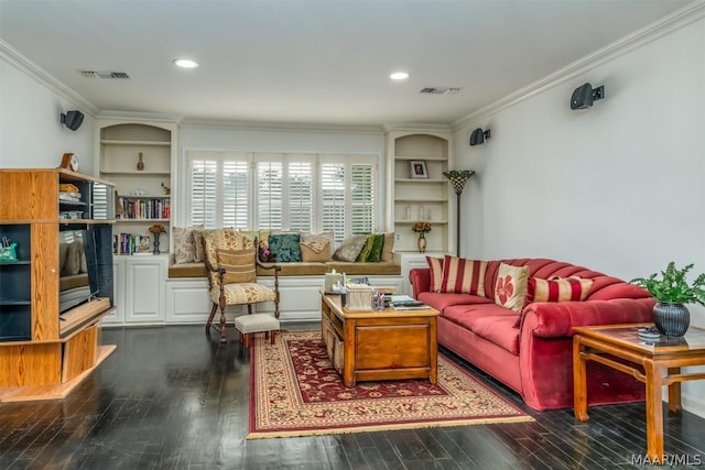 living room featuring recessed lighting, visible vents, dark wood-style flooring, and ornamental molding