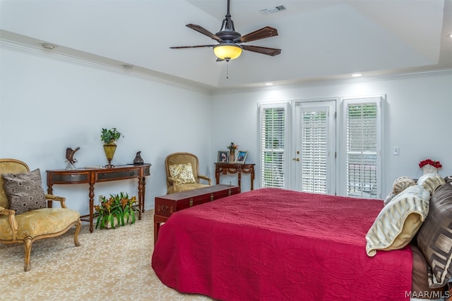 carpeted bedroom with french doors, ceiling fan, crown molding, and access to outside