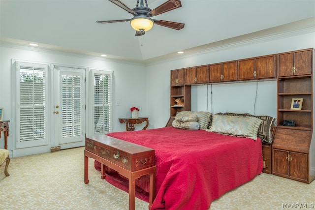 carpeted bedroom with ceiling fan, access to outside, and ornamental molding