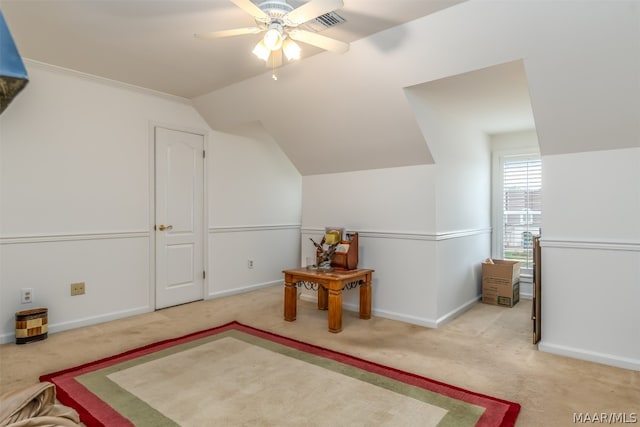 bonus room with carpet floors, ceiling fan, and vaulted ceiling