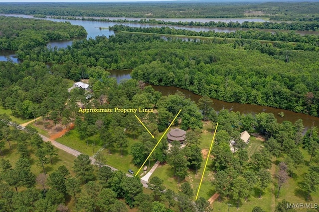 drone / aerial view with a water view and a forest view