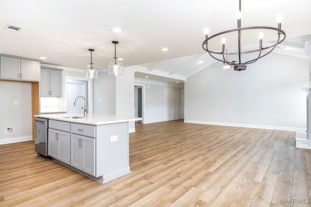 kitchen with pendant lighting, sink, stainless steel dishwasher, gray cabinets, and an island with sink