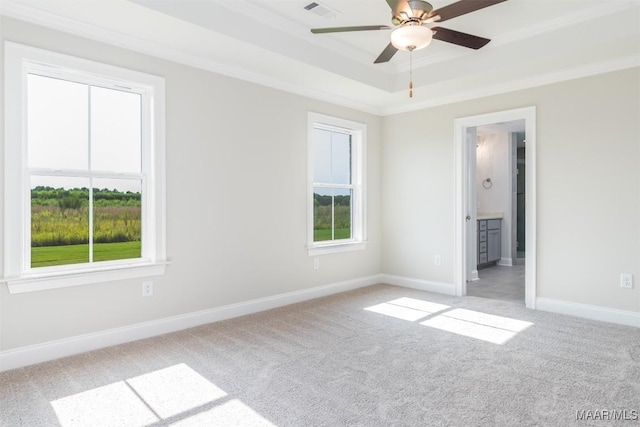 spare room featuring light carpet, a tray ceiling, ceiling fan, and crown molding