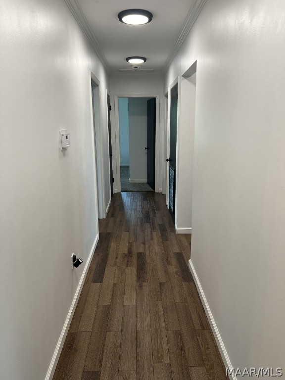 hallway with crown molding and dark wood-type flooring