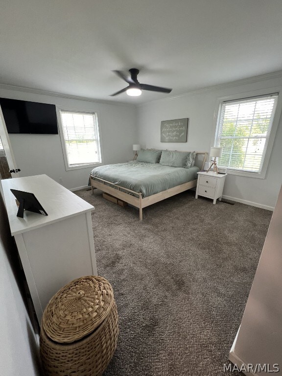 bedroom with ceiling fan, carpet flooring, and multiple windows