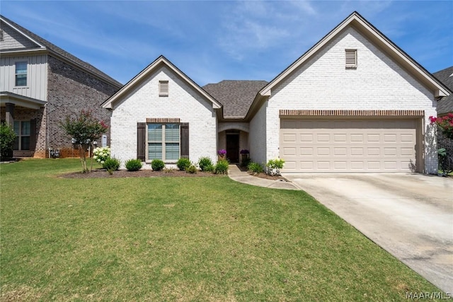 view of front of house with a front yard and a garage