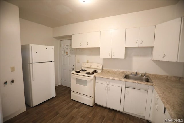 kitchen with white appliances, white cabinets, dark hardwood / wood-style flooring, and sink