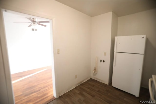 kitchen featuring ceiling fan, white fridge, and dark wood-type flooring