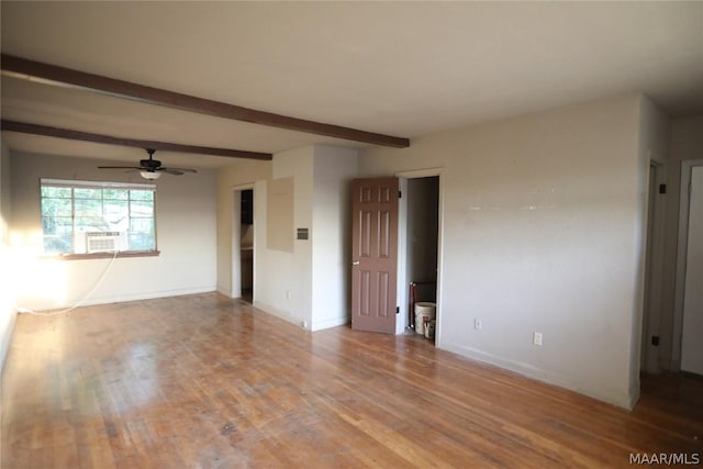 unfurnished room featuring cooling unit, ceiling fan, beamed ceiling, and light hardwood / wood-style flooring