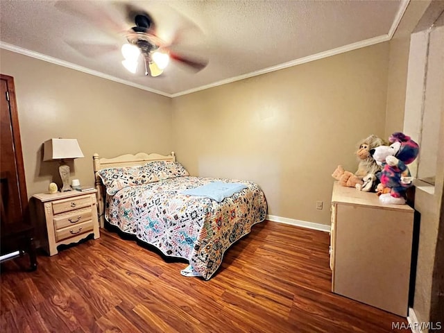 bedroom featuring a textured ceiling, ceiling fan, crown molding, and dark wood-type flooring