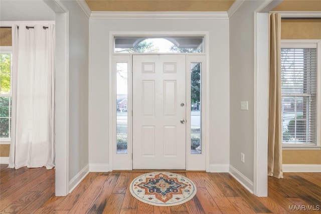 foyer with wood-type flooring and ornamental molding